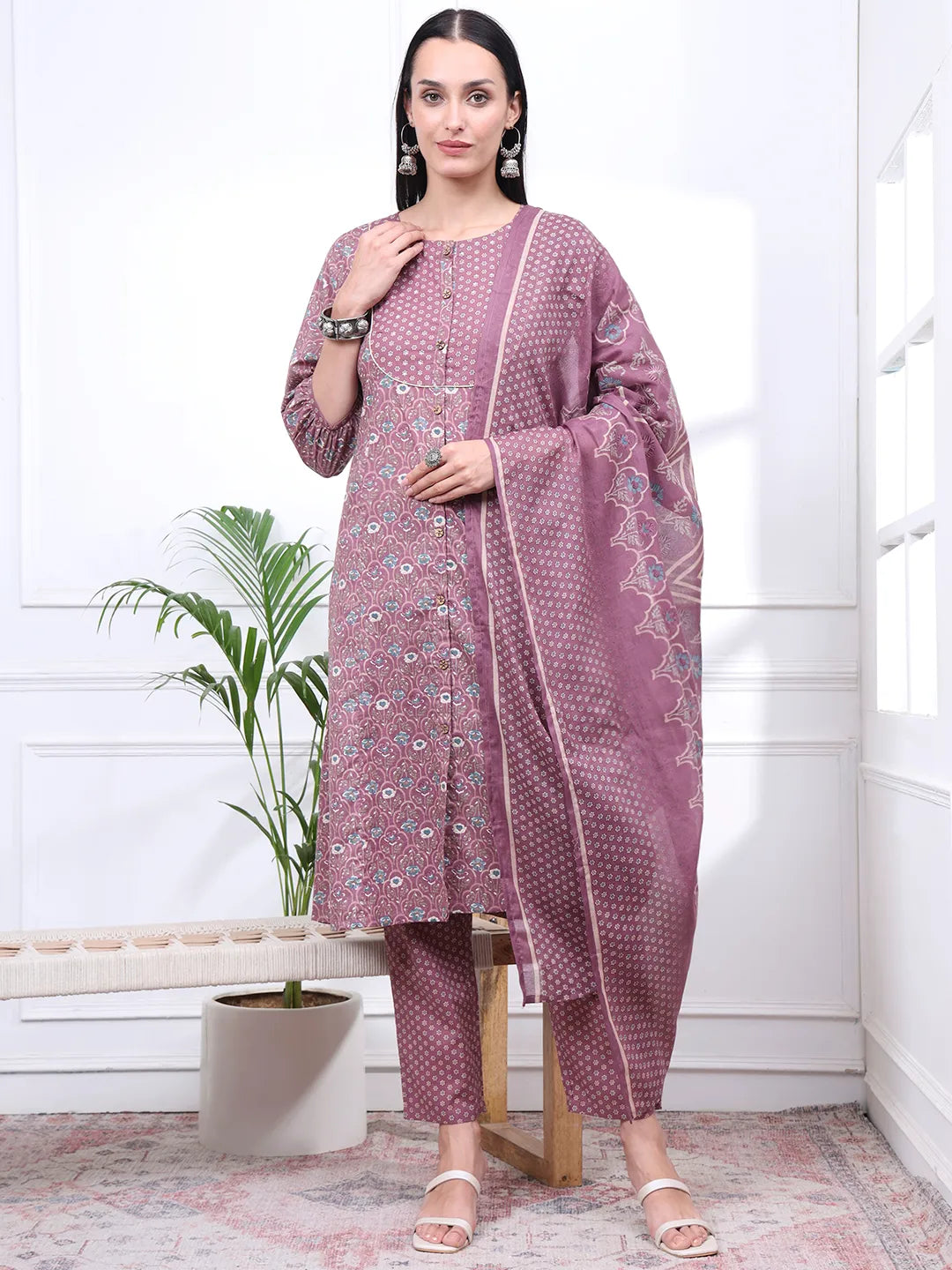 Mauve Ethnic Motifs A-Line Kurta Trouser Dupatta Set