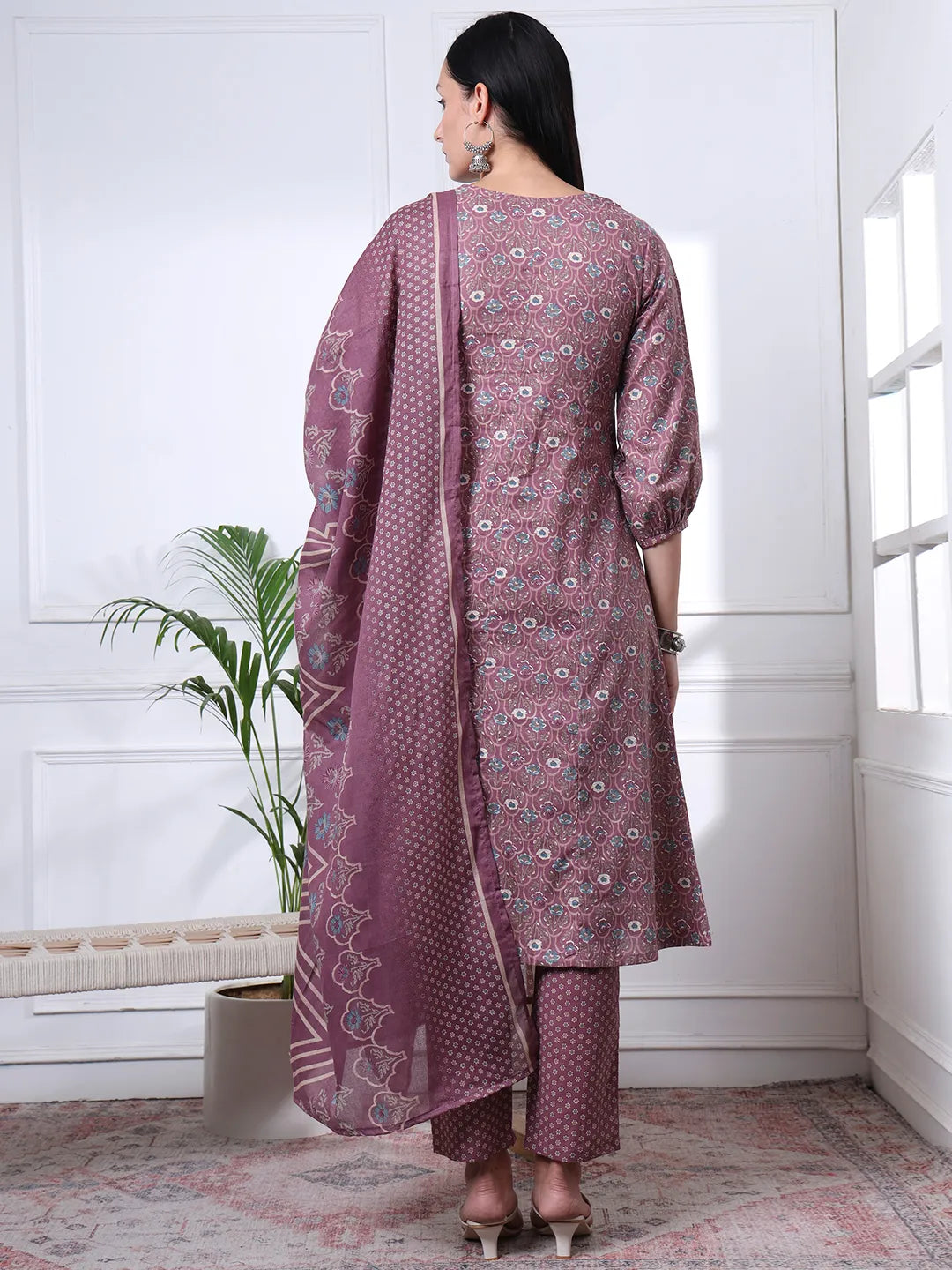 Mauve Ethnic Motifs A-Line Kurta Trouser Dupatta Set