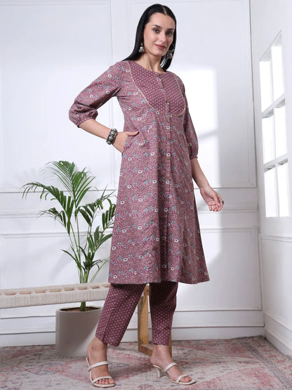 Mauve Ethnic Motifs A-Line Kurta Trouser Dupatta Set