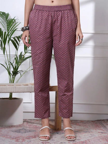 Mauve Ethnic Motifs A-Line Kurta Trouser Dupatta Set