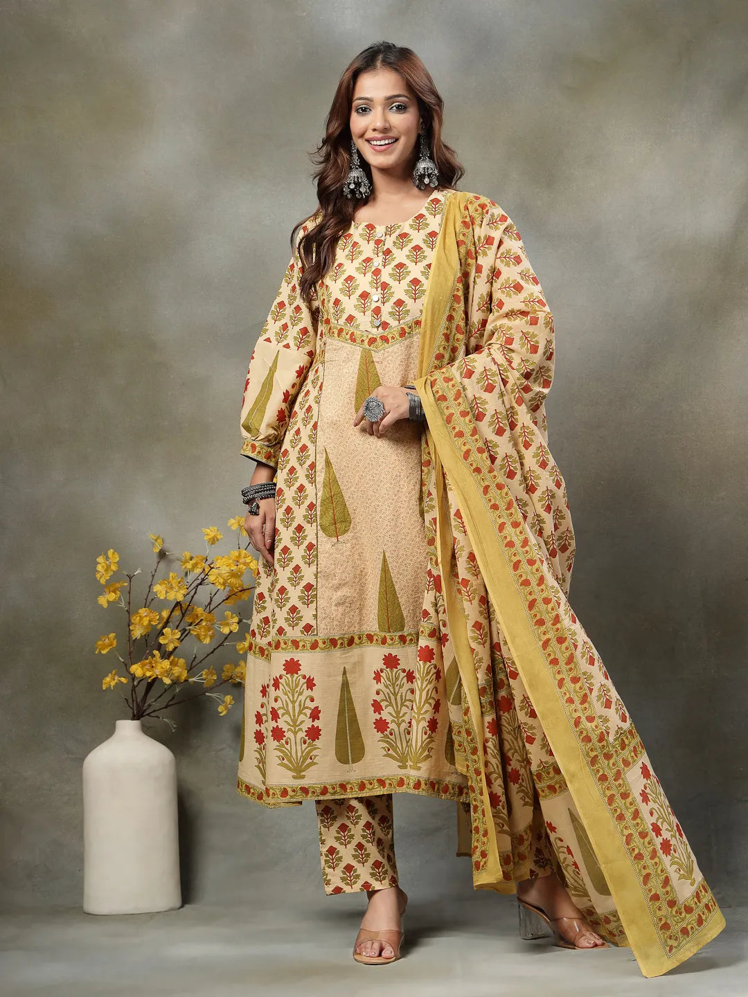 Green And Peach Floral Print Cotton A-Line Kurta And Trouser With Dupatta Set
