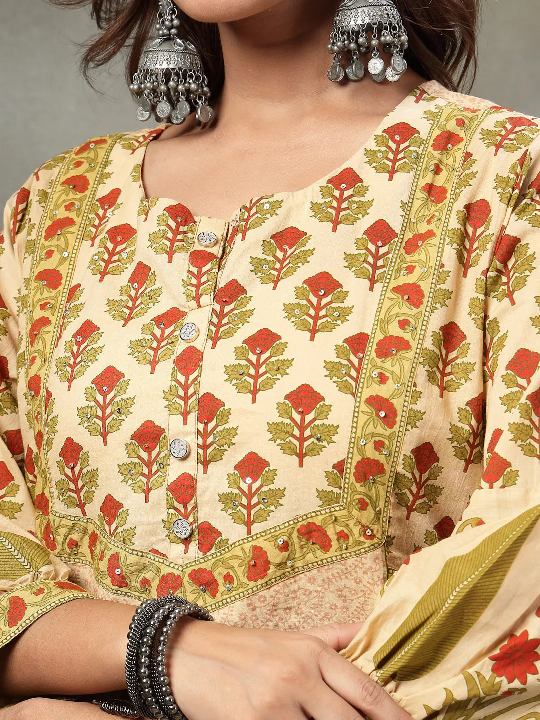 Green And Peach Floral Print Cotton A-Line Kurta And Trouser With Dupatta Set