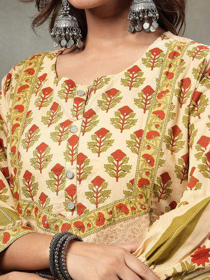 Green And Peach Floral Print Cotton A-Line Kurta And Trouser With Dupatta Set