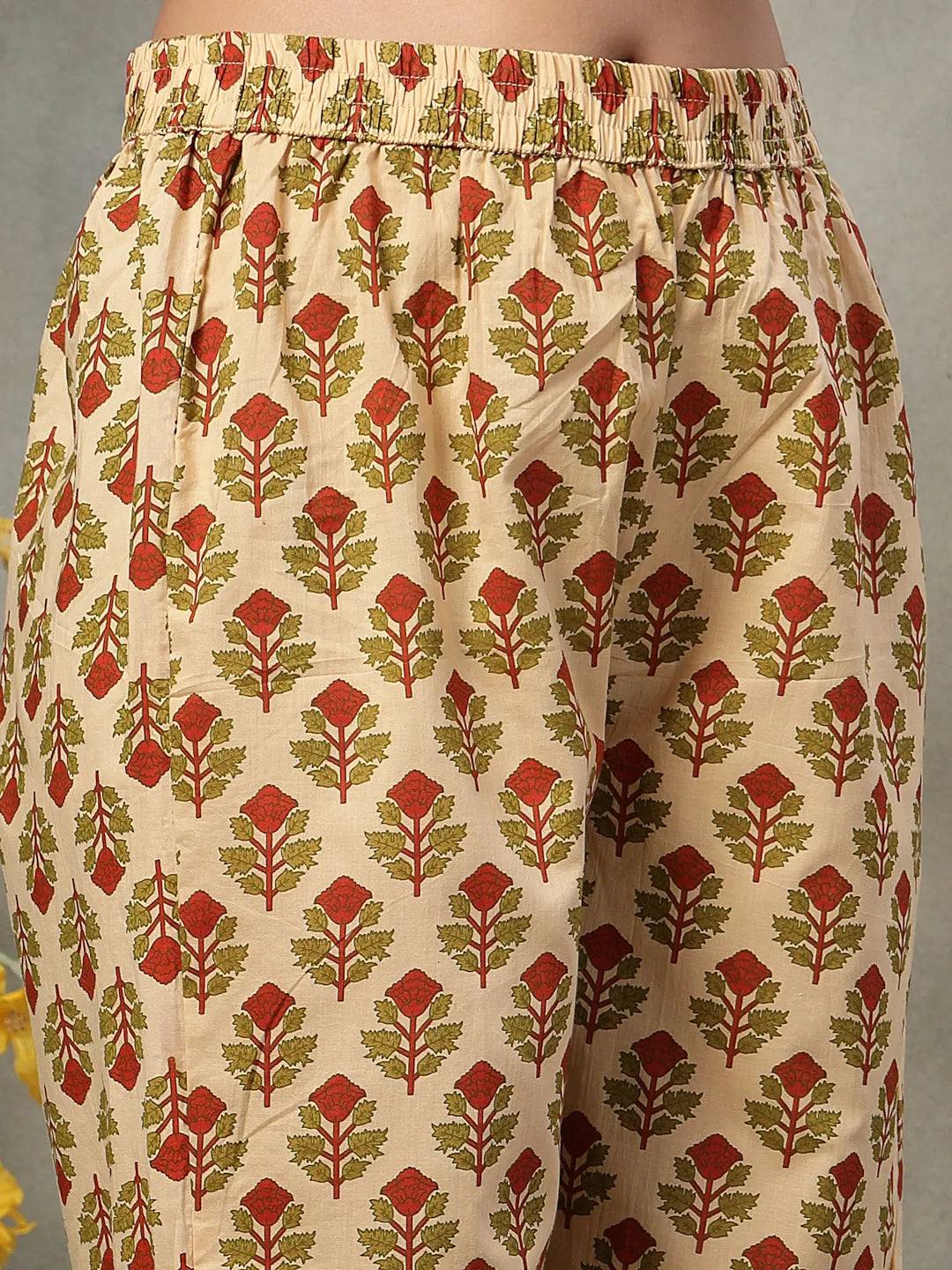 Green And Peach Floral Print Cotton A-Line Kurta And Trouser With Dupatta Set