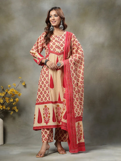 Red And Peach Floral Print Cotton A-Line Kurta And Trouser With Dupatta Set