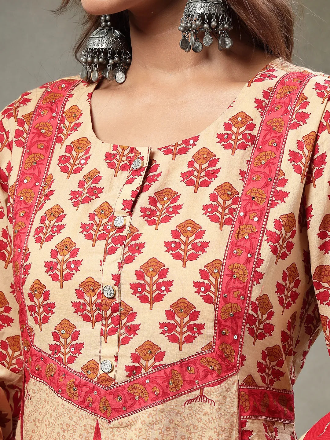 Red And Peach Floral Print Cotton A-Line Kurta And Trouser With Dupatta Set
