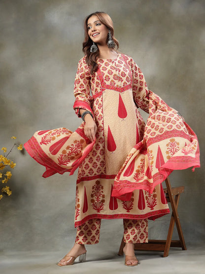 Red And Peach Floral Print Cotton A-Line Kurta And Trouser With Dupatta Set