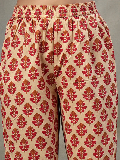 Red And Peach Floral Print Cotton A-Line Kurta And Trouser With Dupatta Set