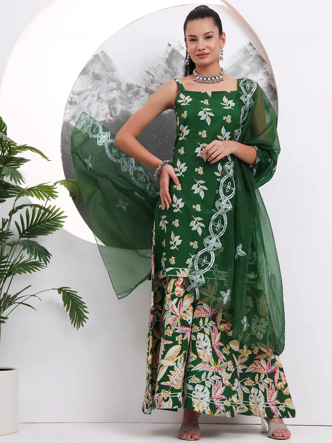Women's Green Cotton Green Cotton Sleeveless Kurta Palazzo Dupatta Set by Yufta, suitable for wholesale buyers, boutiques, retailers, resellers and bulk fashion orders from Trendphoria