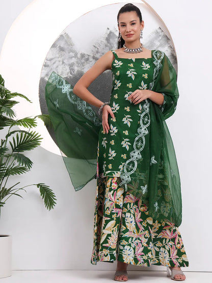 Green Cotton Sleeveless Kurta Palazzo Dupatta Set