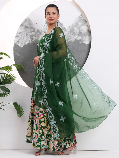 Green Cotton Sleeveless Kurta Palazzo Dupatta Set