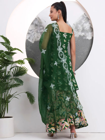 Green Cotton Sleeveless Kurta Palazzo Dupatta Set
