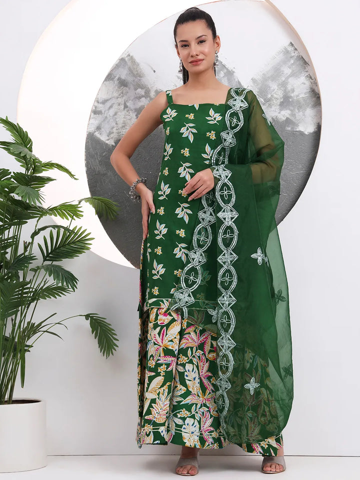 Green Cotton Sleeveless Kurta Palazzo Dupatta Set