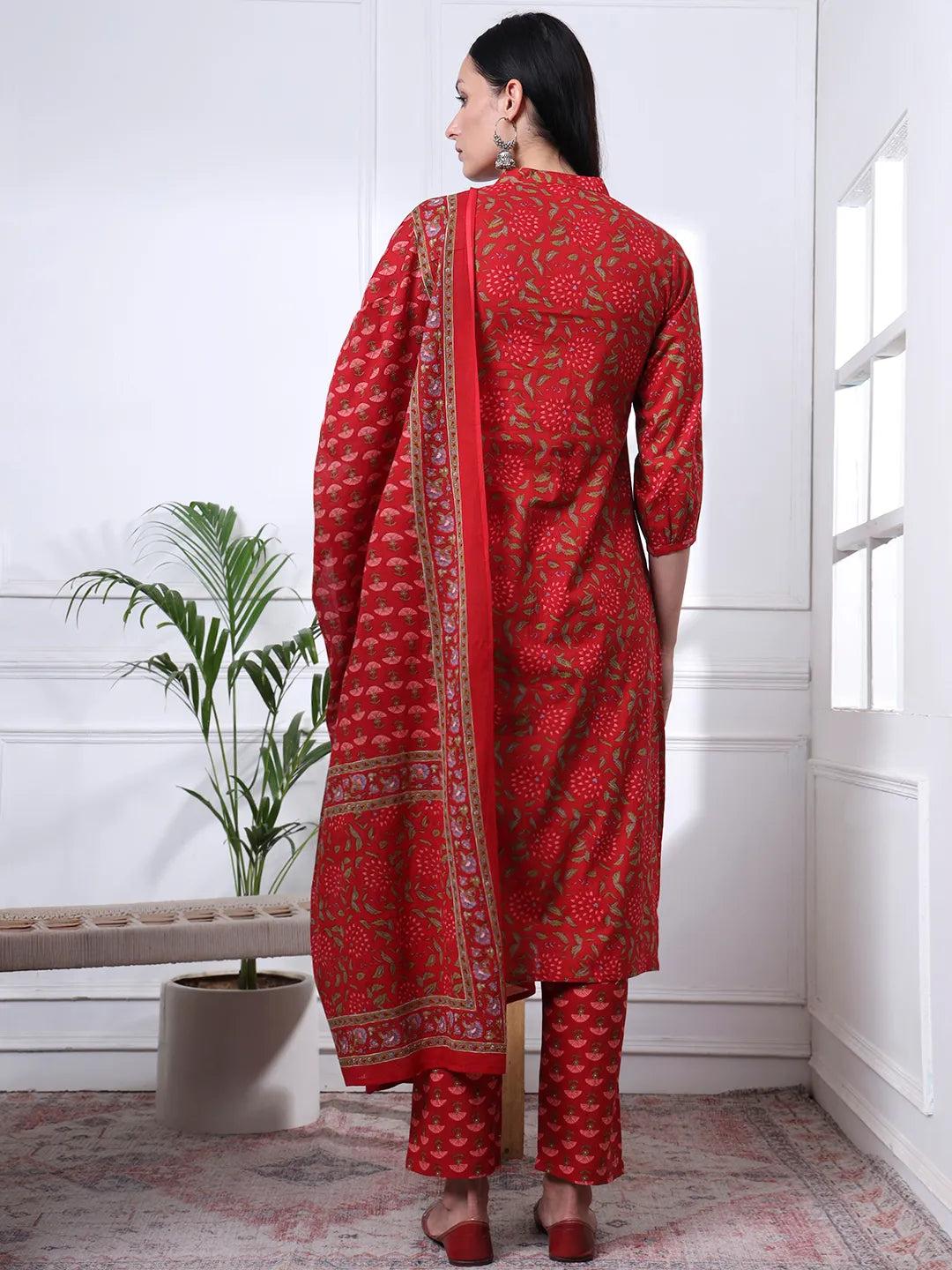 Red Floral Print Straight Kurta Trouser Dupatta Set