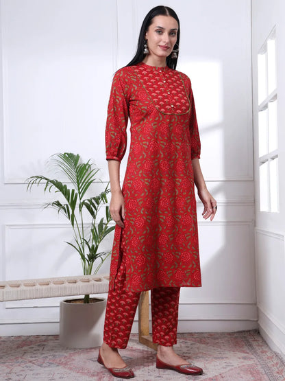 Red Floral Print Straight Kurta Trouser Dupatta Set