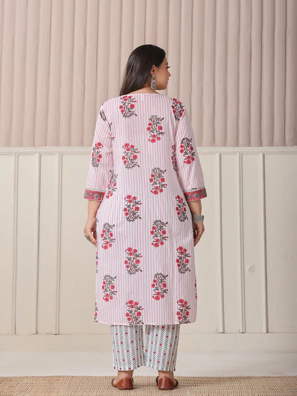 White Floral Print Cotton Sequins Work Plus Size Kurta Set With Pant Dupatta