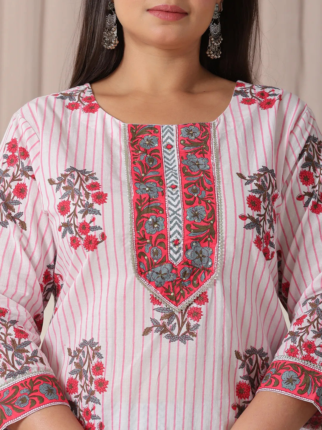 White Floral Print Cotton Sequins Work Plus Size Kurta Set With Pant Dupatta