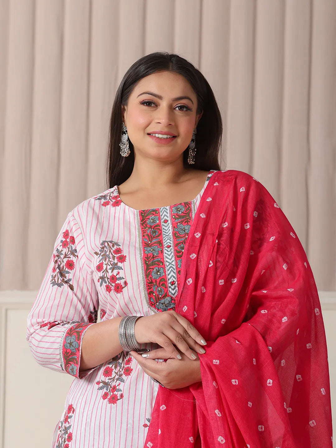 White Floral Print Cotton Sequins Work Plus Size Kurta Set With Pant Dupatta