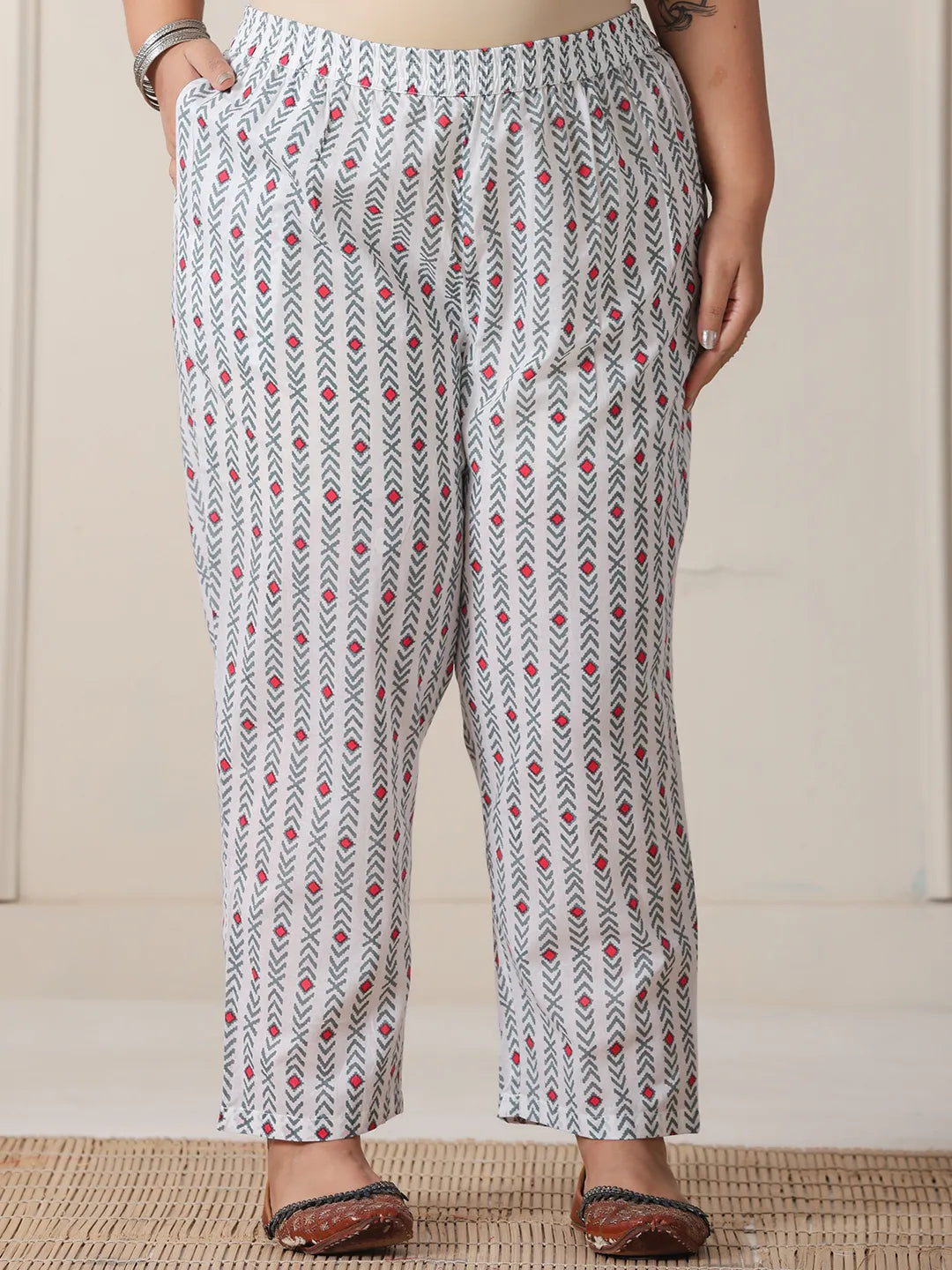 White Floral Print Cotton Sequins Work Plus Size Kurta Set With Pant Dupatta