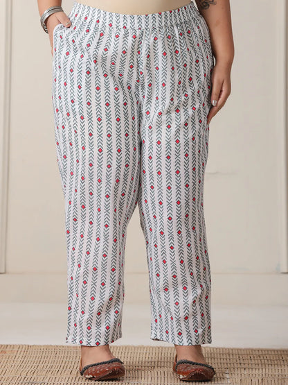 White Floral Print Cotton Sequins Work Plus Size Kurta Set With Pant Dupatta