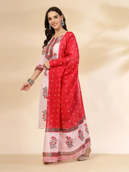 White Floral Print Cotton Sequins Work Kurta Set With Pant Dupatta