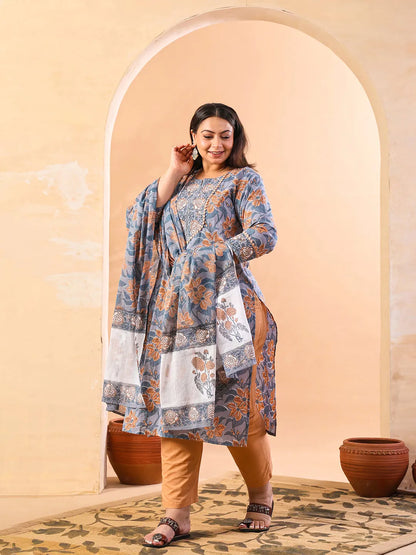 Grey Hand Embroidery Cotton Plus Size Straight Kurta Orange Trouser Dupatta Set