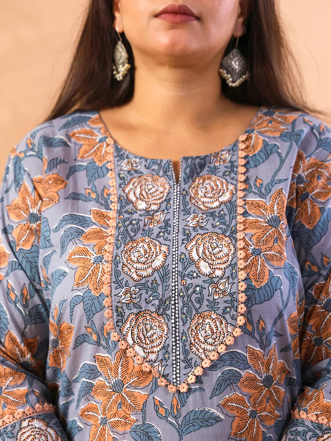 Grey Hand Embroidery Cotton Plus Size Straight Kurta Orange Trouser Dupatta Set