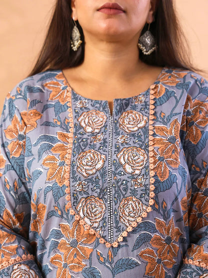 Grey Hand Embroidery Cotton Plus Size Straight Kurta Orange Trouser Dupatta Set