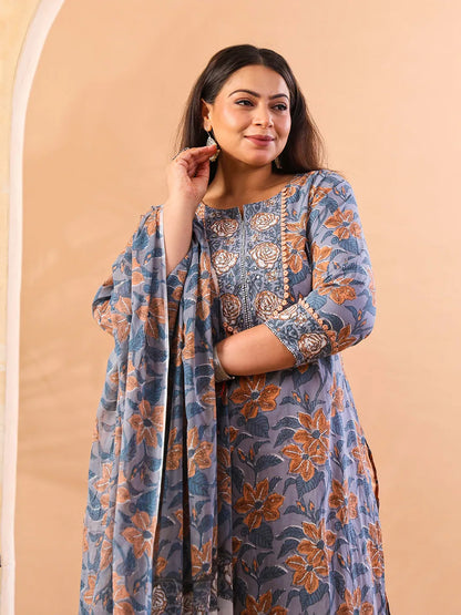 Grey Hand Embroidery Cotton Plus Size Straight Kurta Orange Trouser Dupatta Set