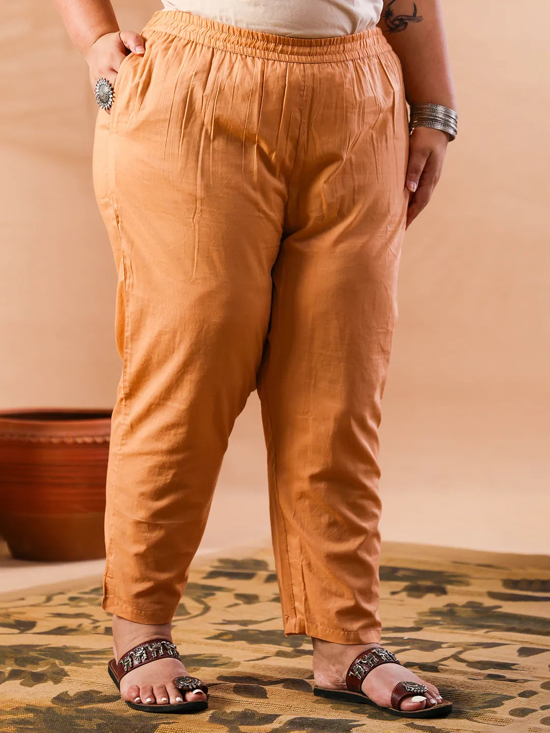 Grey Hand Embroidery Cotton Plus Size Straight Kurta Orange Trouser Dupatta Set