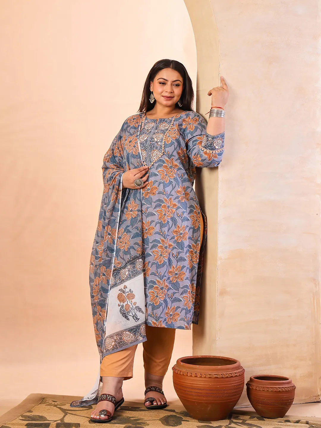 Grey Hand Embroidery Cotton Plus Size Straight Kurta Orange Trouser Dupatta Set