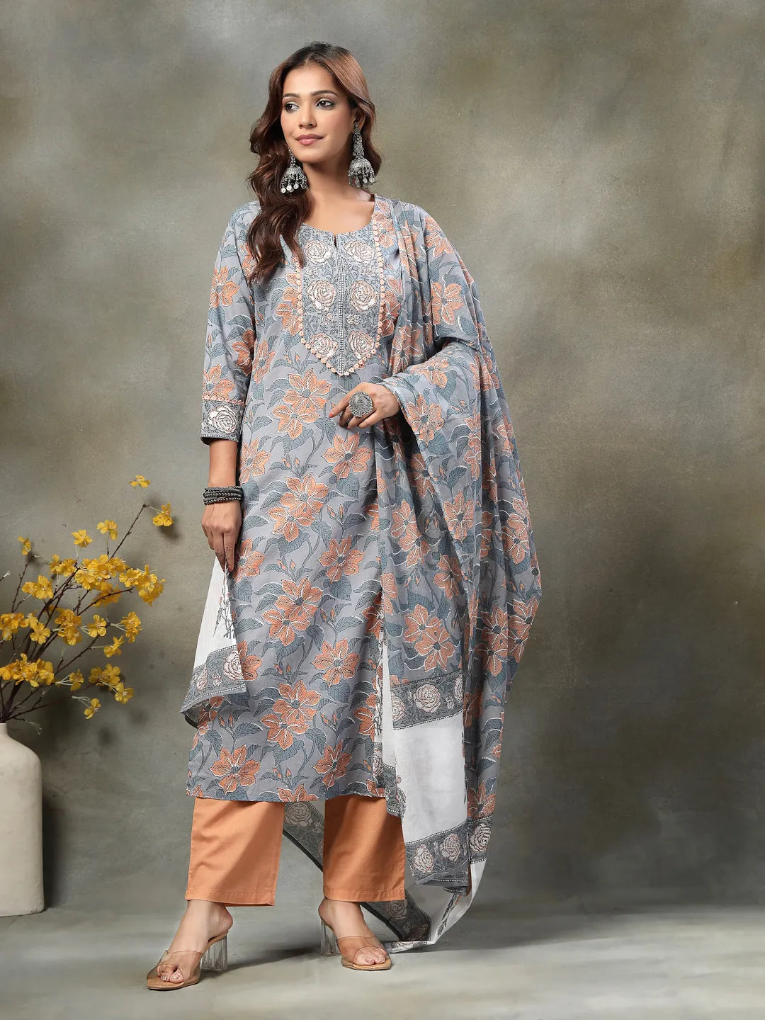 Grey Hand-Embroidery Cotton Straight Kurta Orange Trouser Dupatta Set