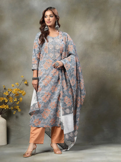 Grey Hand-Embroidery Cotton Straight Kurta Orange Trouser Dupatta Set