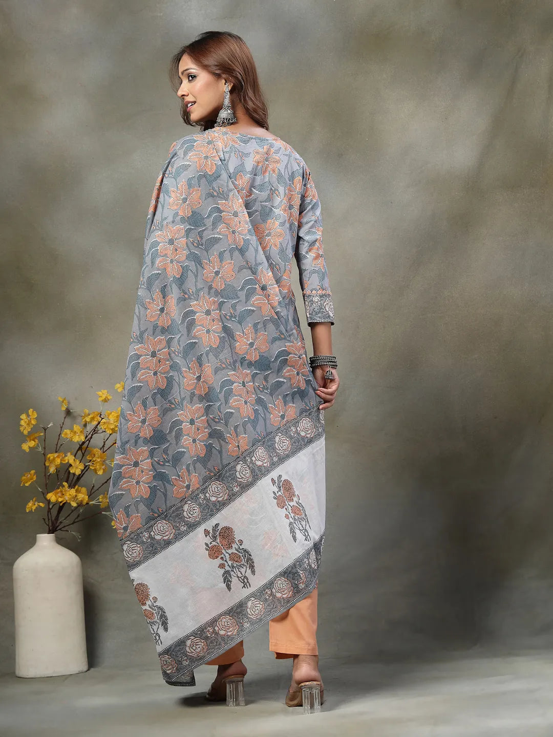 Grey Hand-Embroidery Cotton Straight Kurta Orange Trouser Dupatta Set