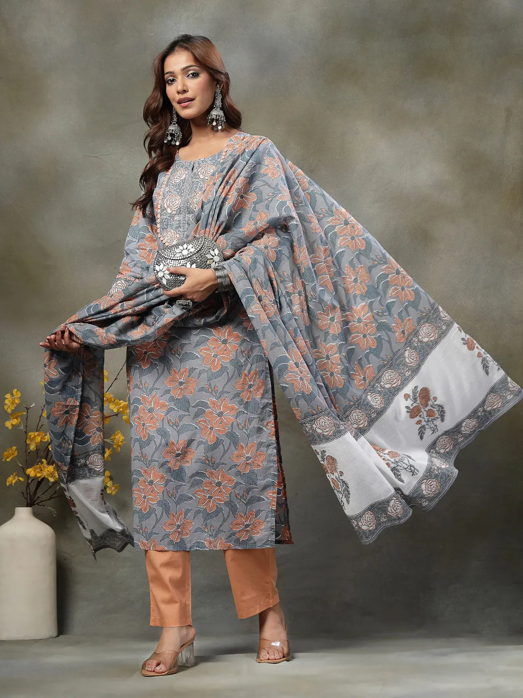 Grey Hand-Embroidery Cotton Straight Kurta Orange Trouser Dupatta Set