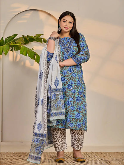 Rama Green And Blue Floral Sequins Work Straight Plus Size Kurta Trouser Dupatta Set