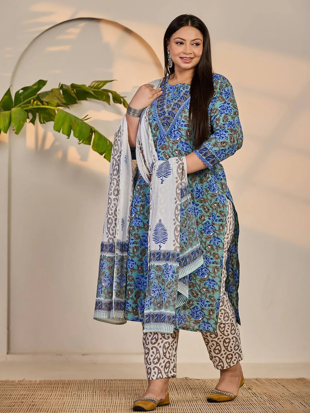 Rama Green And Blue Floral Sequins Work Straight Plus Size Kurta Trouser Dupatta Set