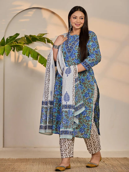 Rama Green And Blue Floral Sequins Work Straight Plus Size Kurta Trouser Dupatta Set