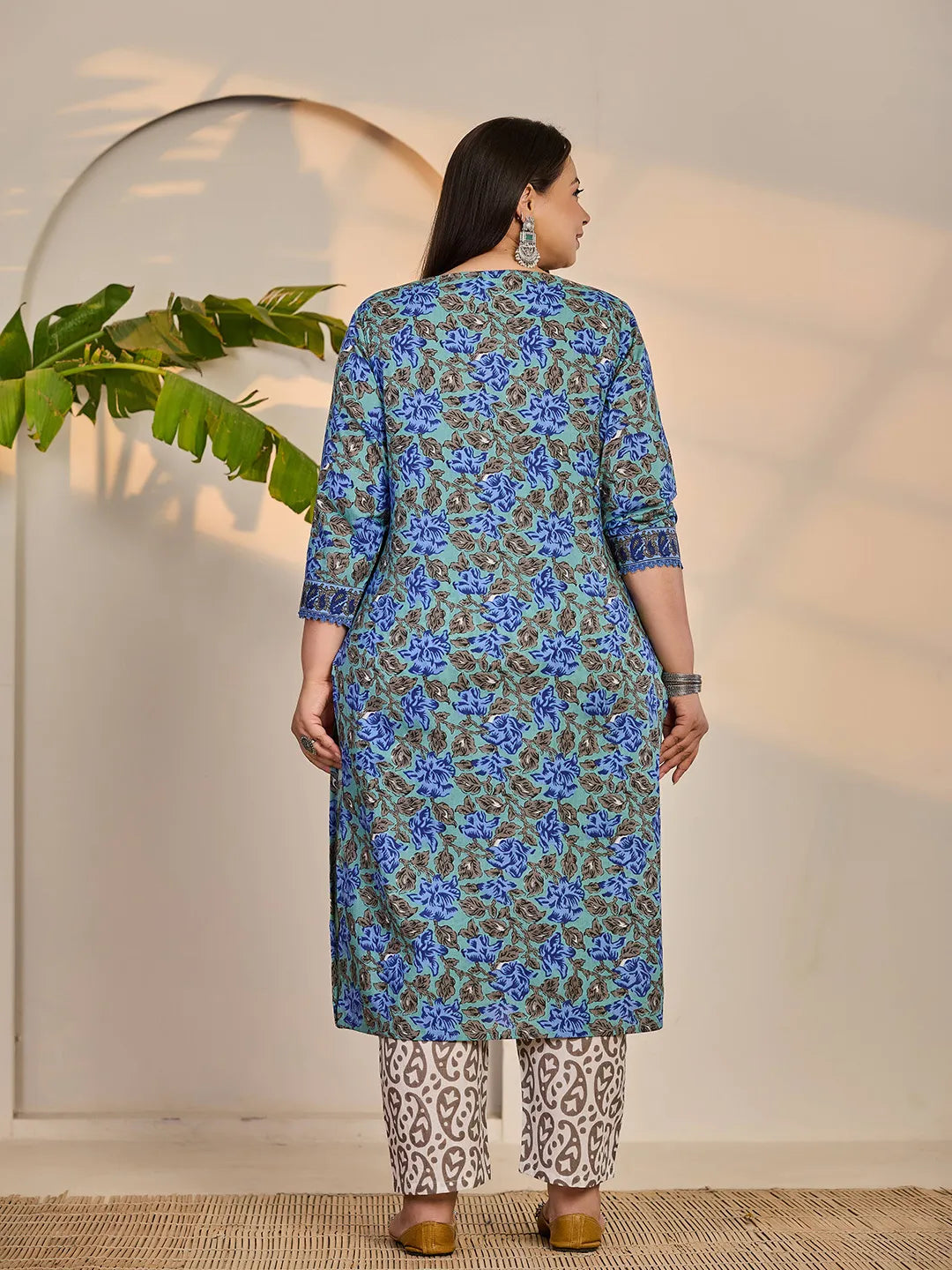 Rama Green And Blue Floral Sequins Work Straight Plus Size Kurta Trouser Dupatta Set