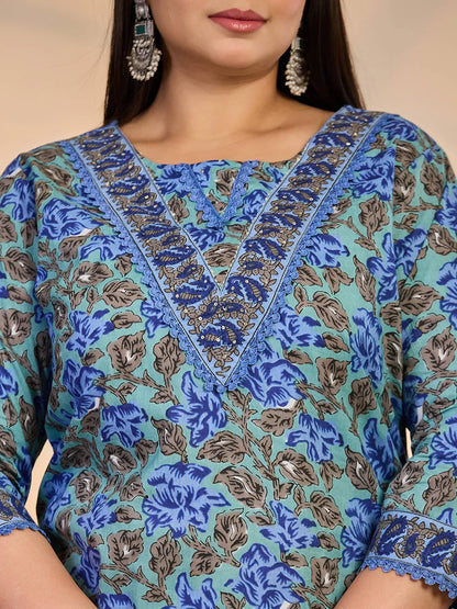 Rama Green And Blue Floral Sequins Work Straight Plus Size Kurta Trouser Dupatta Set