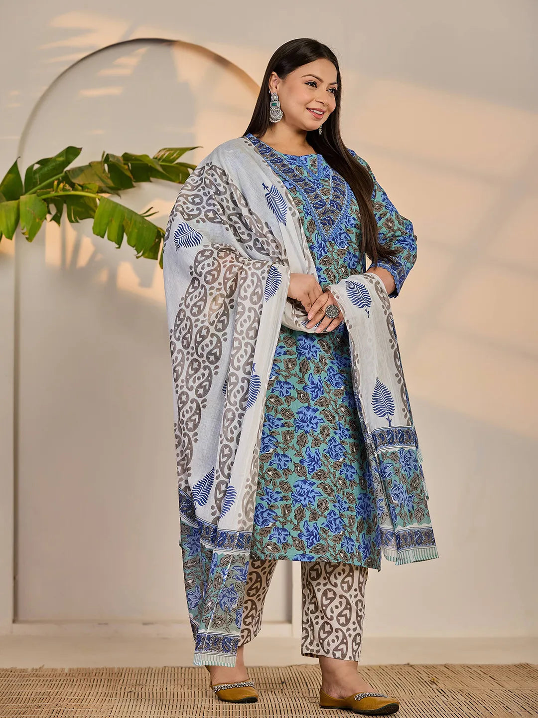 Rama Green And Blue Floral Sequins Work Straight Plus Size Kurta Trouser Dupatta Set