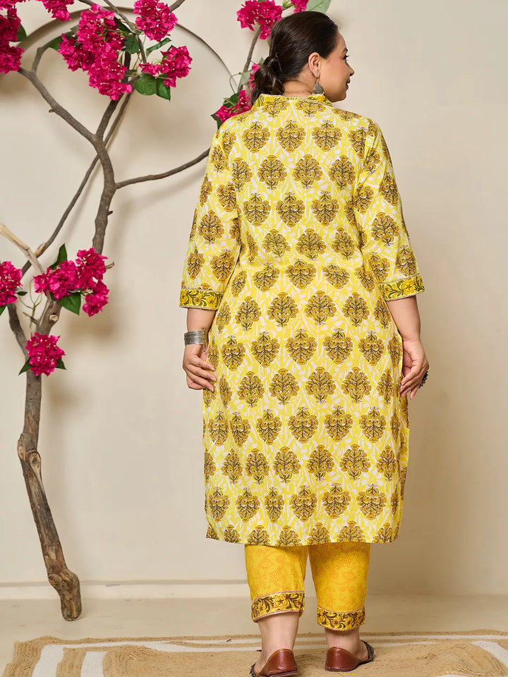 Yellow Ethnic Motifs Sequins Work Straight Plus Size Kurta Trouser Dupatta Set