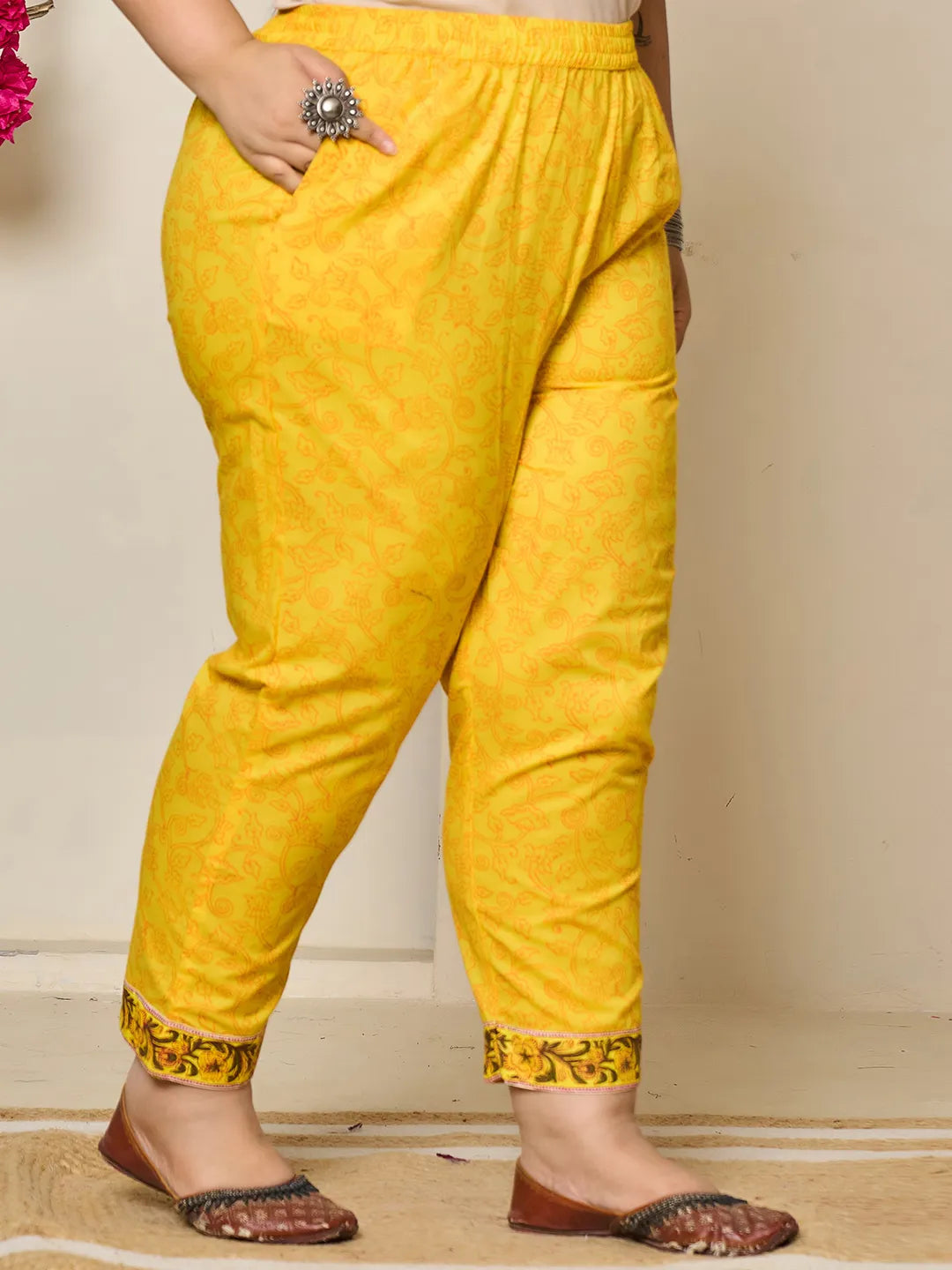 Yellow Ethnic Motifs Sequins Work Straight Plus Size Kurta Trouser Dupatta Set