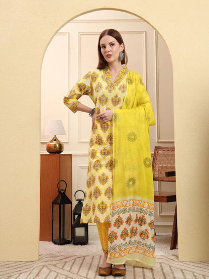 Yellow Ethnic Motifs Sequins Work Straight Kurta Trouser Dupatta Set