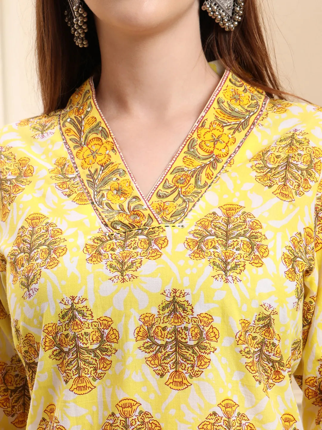 Yellow Ethnic Motifs Sequins Work Straight Kurta Trouser Dupatta Set