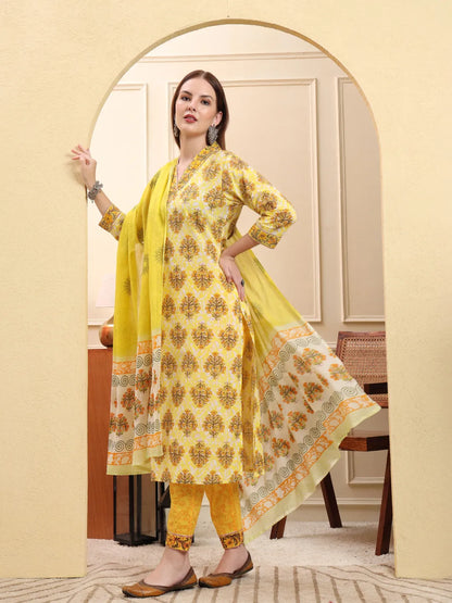 Yellow Ethnic Motifs Sequins Work Straight Kurta Trouser Dupatta Set