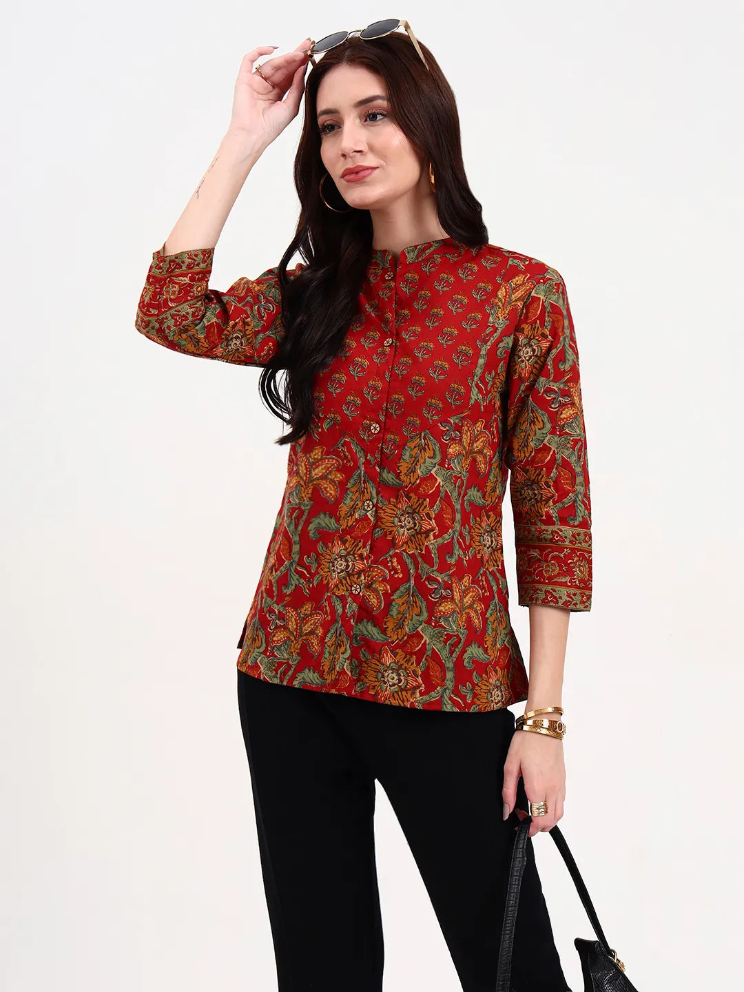 Women's Red Cotton Red Cotton Shirt Style Top by Yufta, suitable for wholesale buyers, boutiques, retailers, resellers and bulk fashion orders from Trendphoria