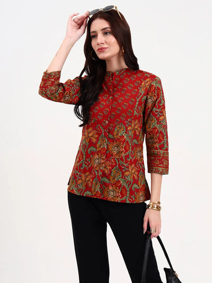 Red Cotton Shirt Style Top