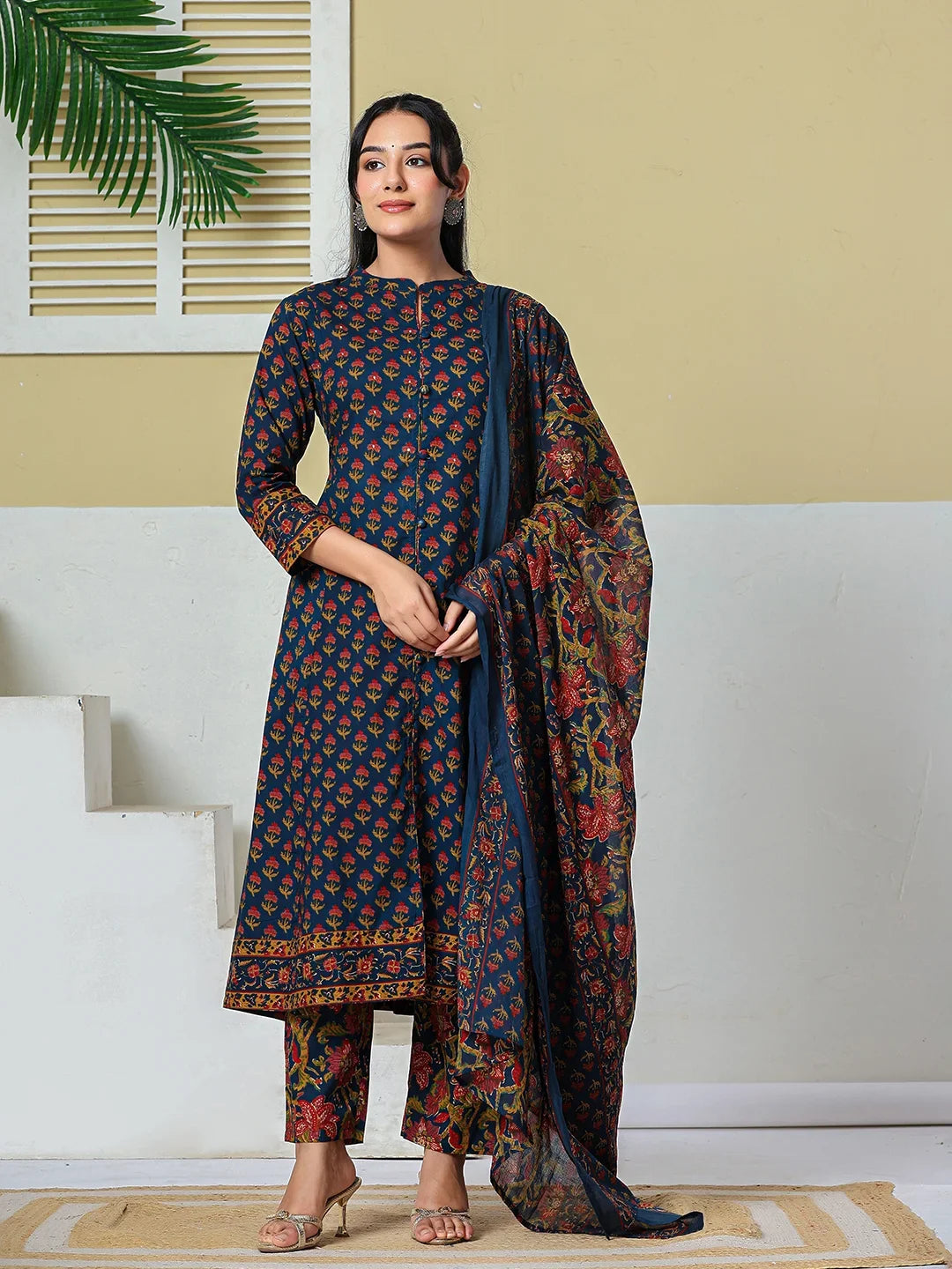 Floral A-Line Sequins Work Kurta And Trouser With Dupatta Set