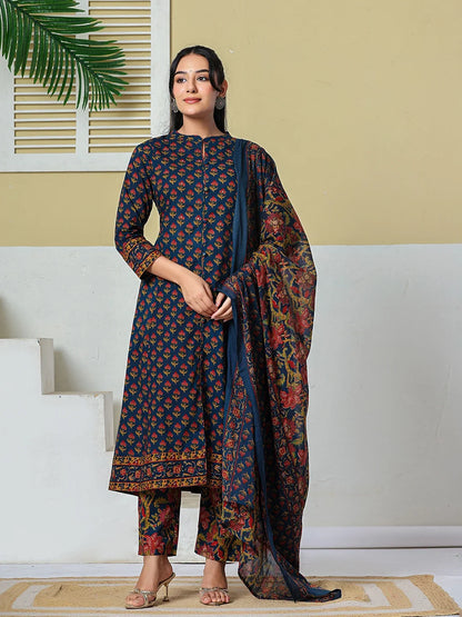 Floral A-Line Sequins Work Kurta And Trouser With Dupatta Set